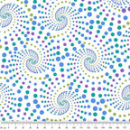 White fabric with swirling, dotted spirals in blue, turquoise, green, and purple