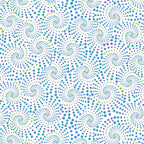 White fabric with swirling, dotted spirals in blue, turquoise, green, and purple