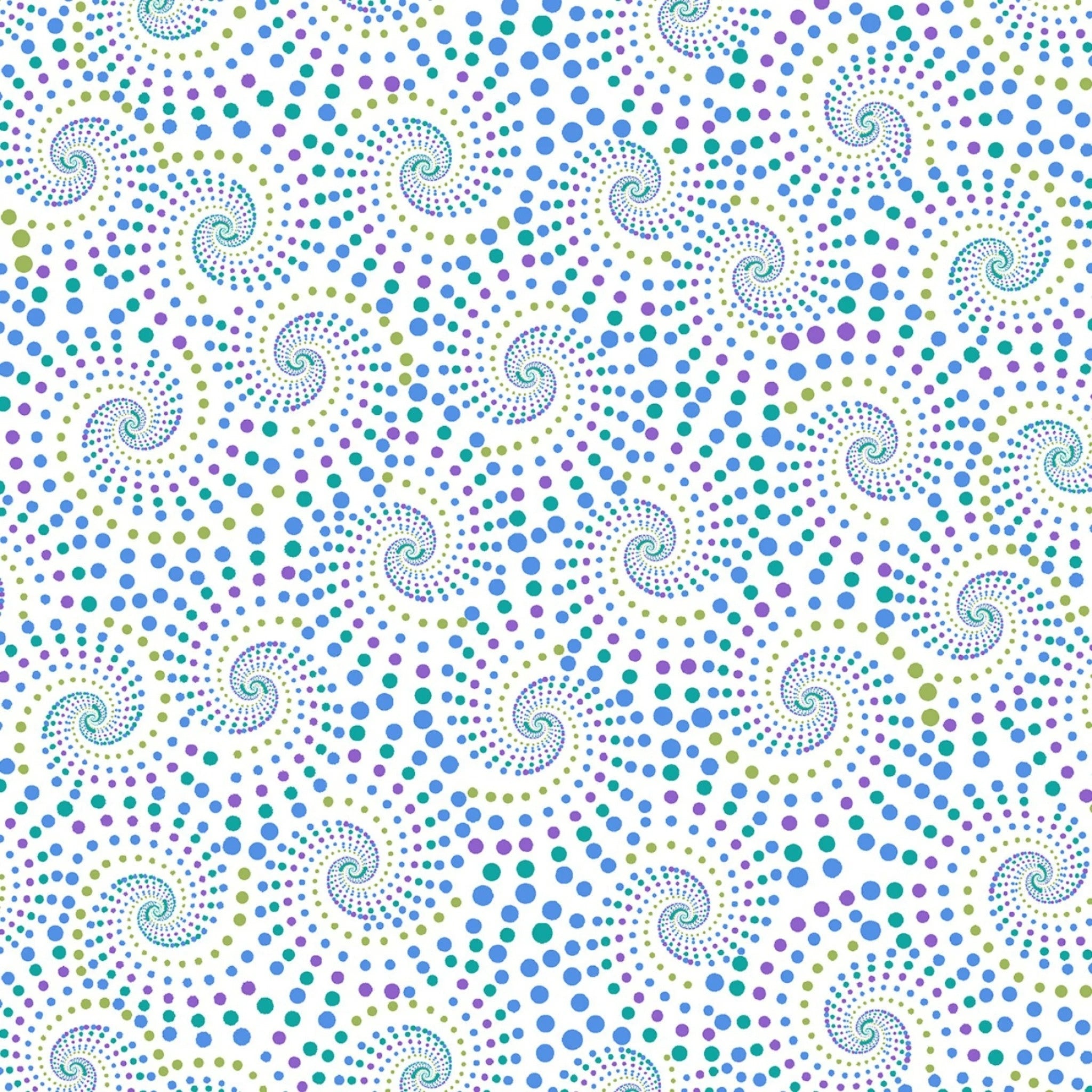 White fabric with swirling, dotted spirals in blue, turquoise, green, and purple