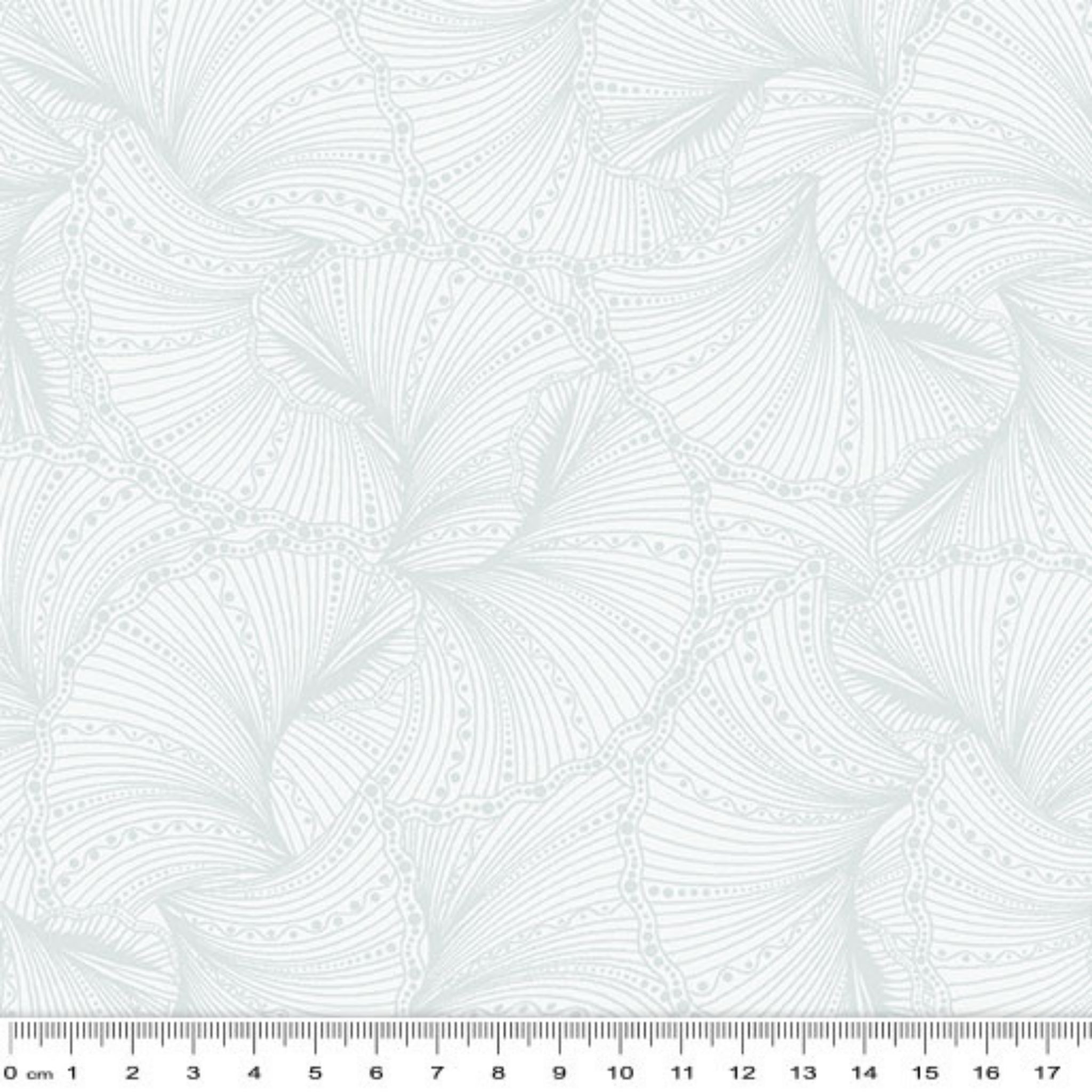Tonal light gray fabric with an all-over patterned wave or fan-shaped texture