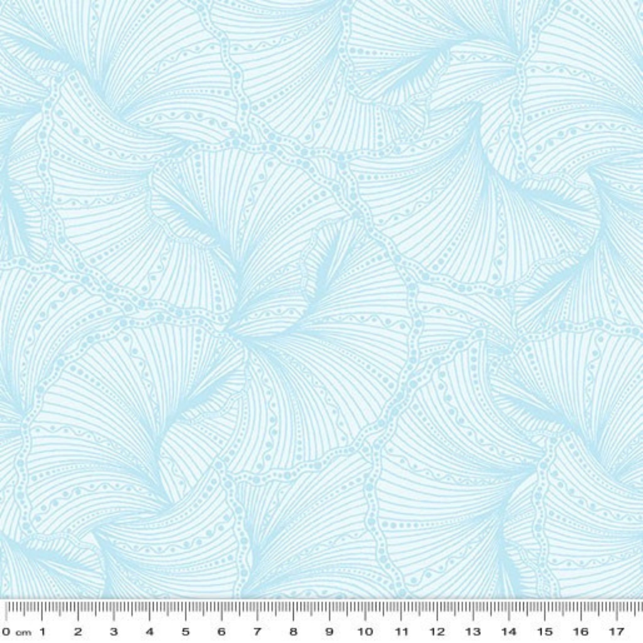 Tonal light blue fabric with an all-over patterned wave or fan-shaped texture