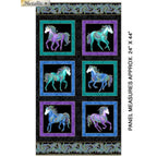 Black fabric panel with six framed blocks featuring horses in turquoise, purple, and blue