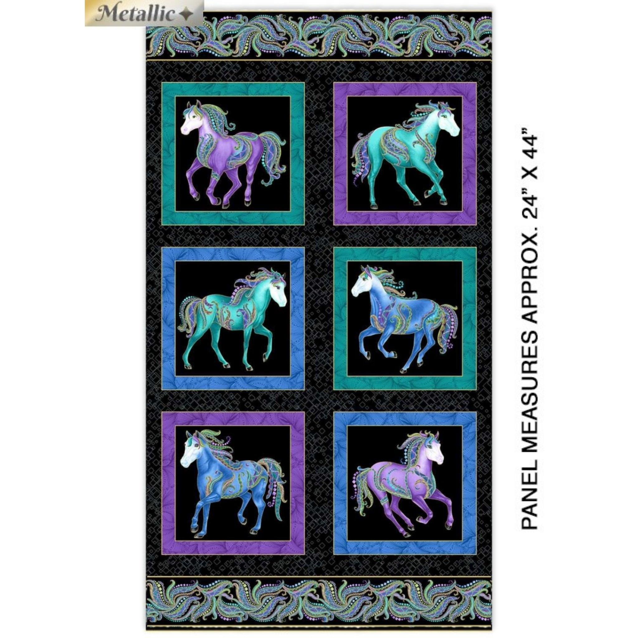 Black fabric panel with six framed blocks featuring horses in turquoise, purple, and blue