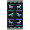 Black fabric panel with six framed blocks featuring horses in turquoise, purple, and blue