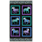 Black fabric panel with six framed blocks featuring horses in turquoise, purple, and blue