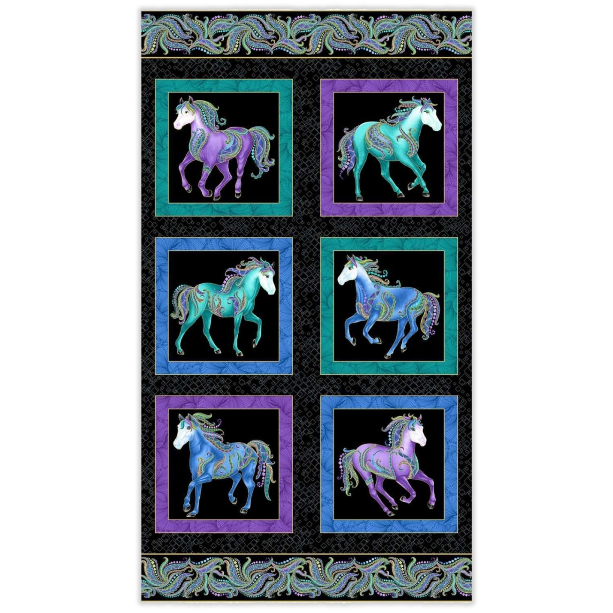 Black fabric panel with six framed blocks featuring horses in turquoise, purple, and blue