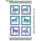 White fabric panel with six framed blocks featuring horses in turquoise, purple, and blue