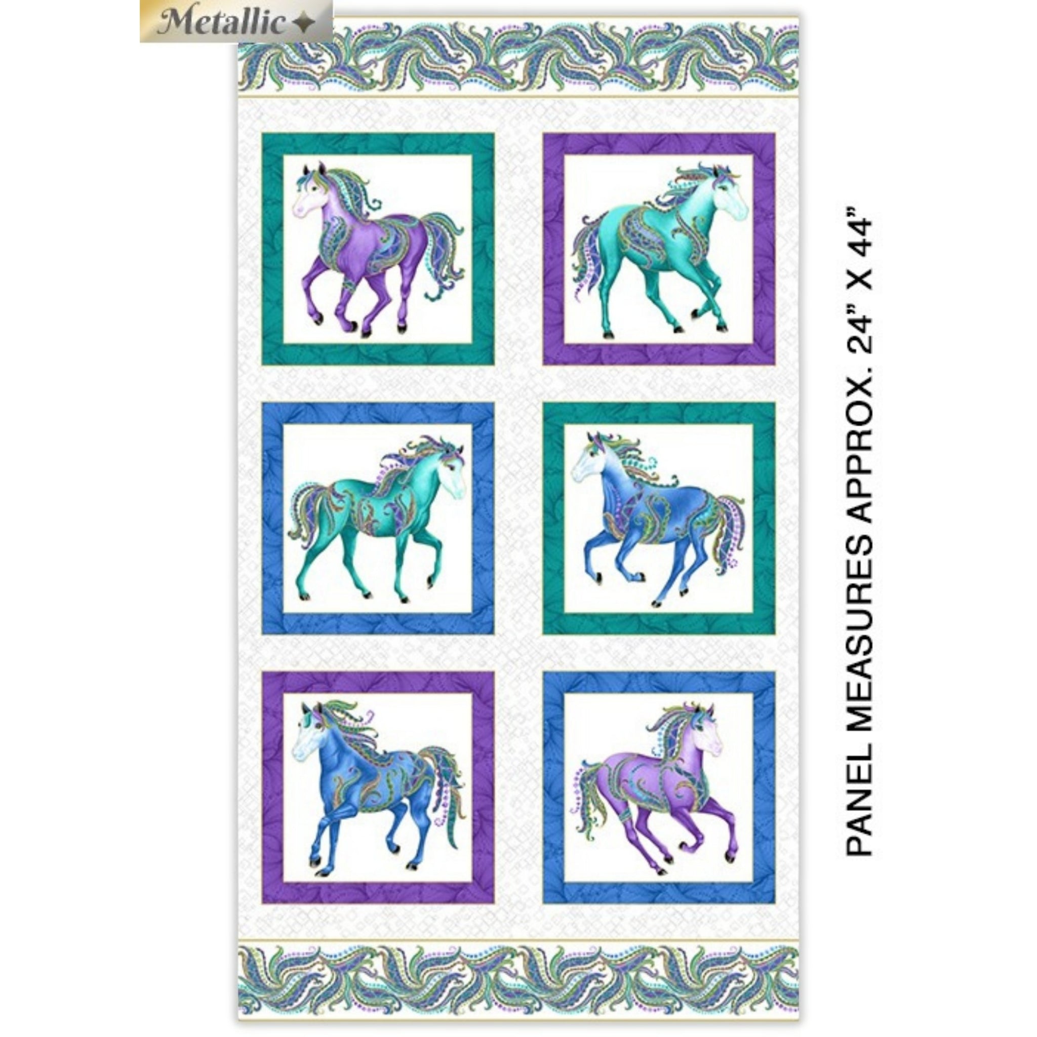 White fabric panel with six framed blocks featuring horses in turquoise, purple, and blue
