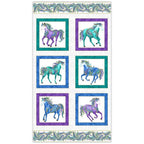 White fabric panel with six framed blocks featuring horses in turquoise, purple, and blue