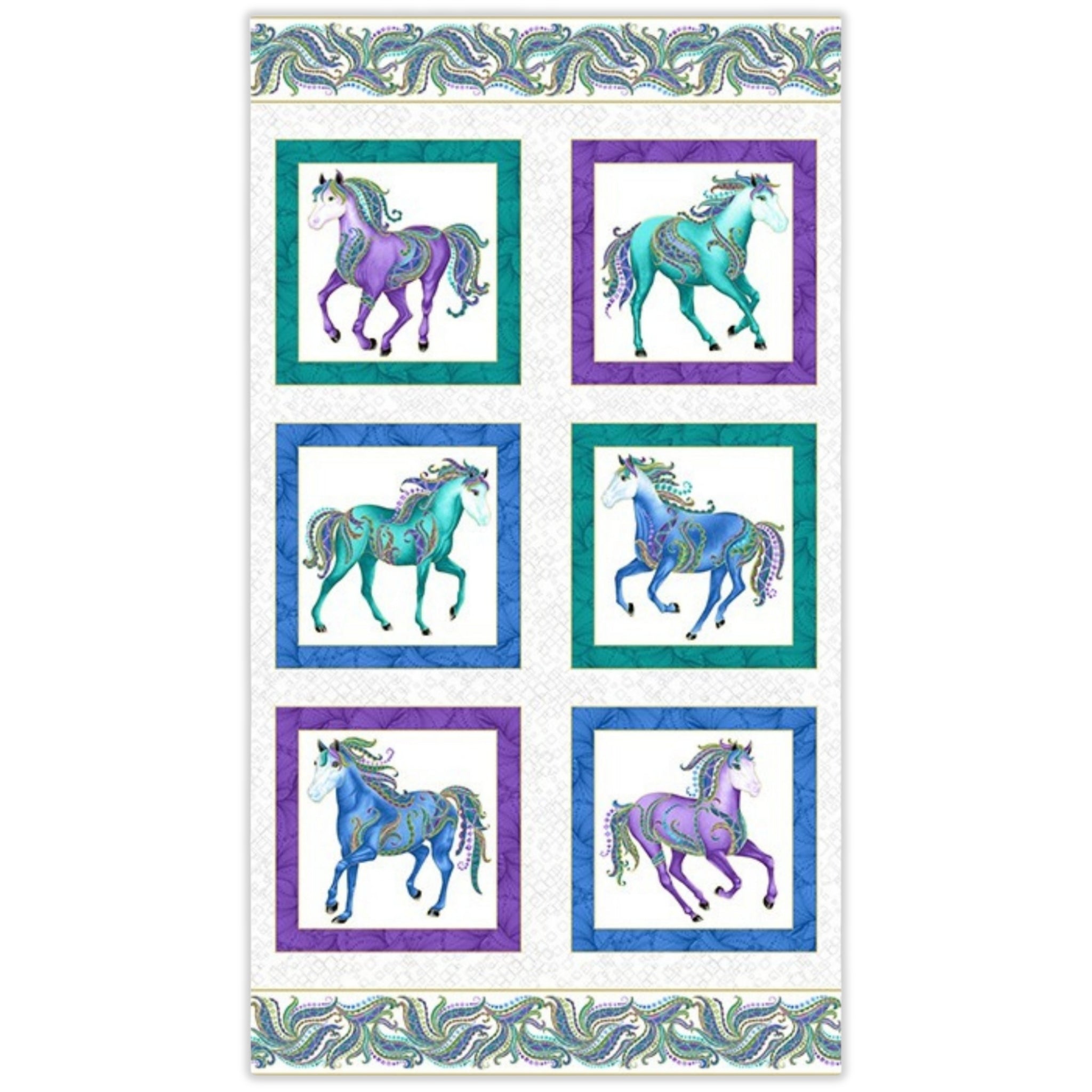 White fabric panel with six framed blocks featuring horses in turquoise, purple, and blue