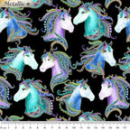 Black fabric with horse portraits in turquoise, blue, and purple with gold metallic detail
