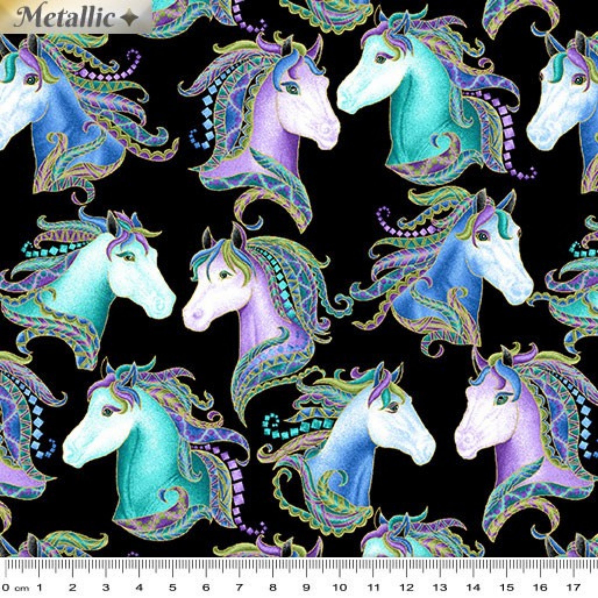 Black fabric with horse portraits in turquoise, blue, and purple with gold metallic detail