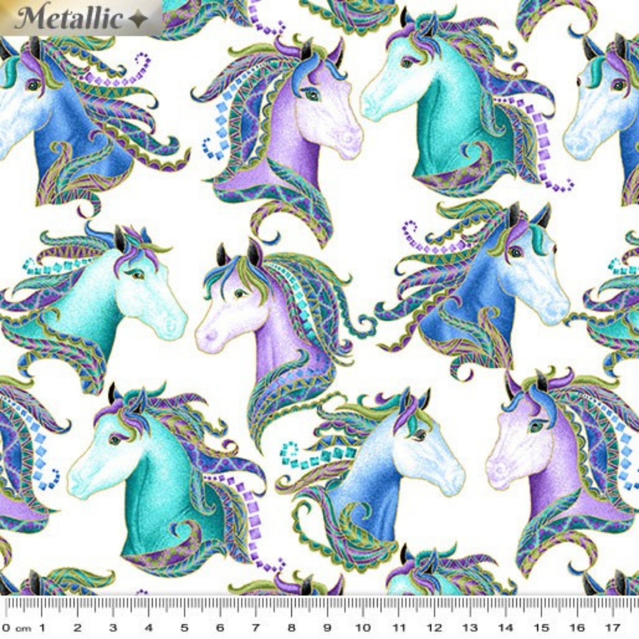 White fabric with horse portraits in turquoise, blue, and purple with gold metallic detail