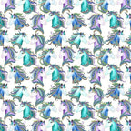 White fabric with horse portraits in turquoise, blue, and purple with gold metallic detail