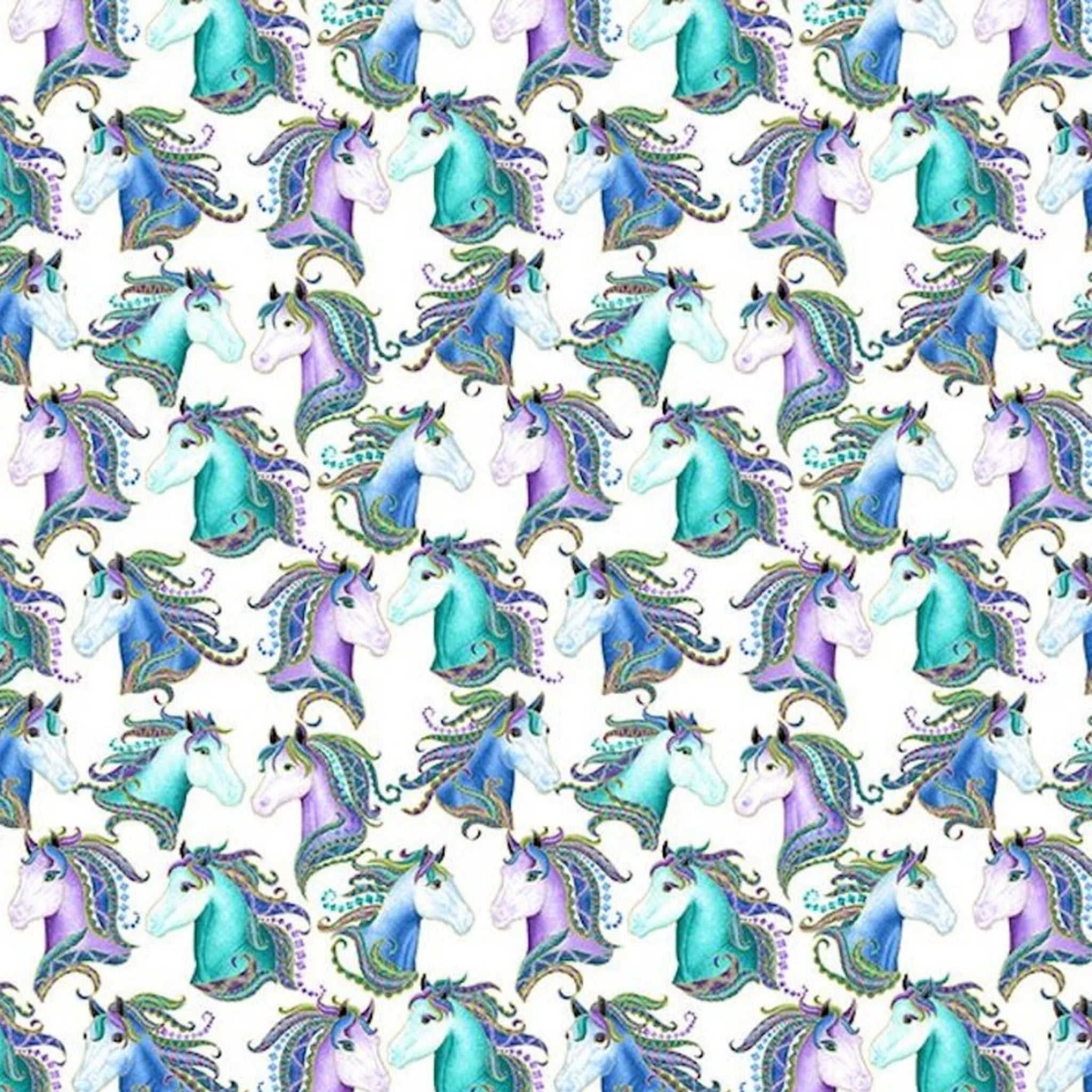 White fabric with horse portraits in turquoise, blue, and purple with gold metallic detail