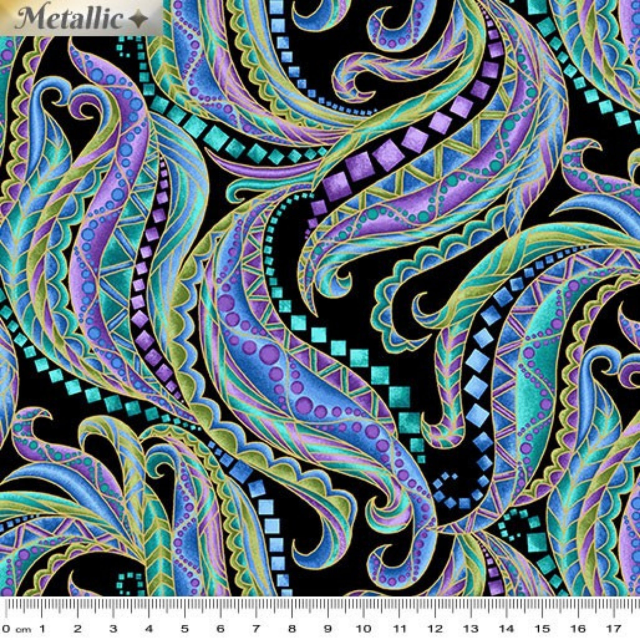 Black paisley fabric with horse mane swirls in turquoise, purple and blue with gold metallic outline