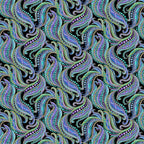 Black paisley fabric with horse mane swirls in turquoise, purple and blue with gold metallic outline