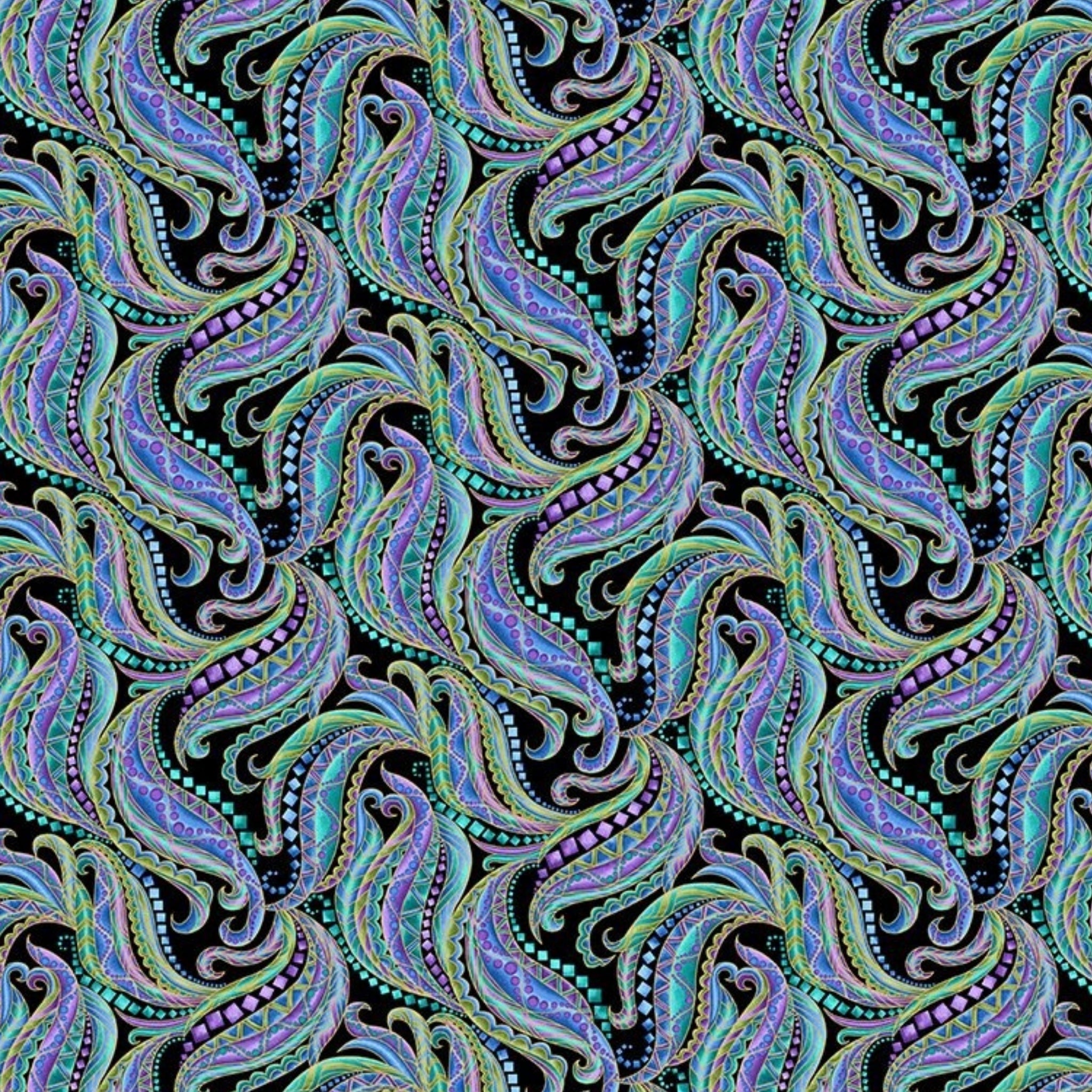 Black paisley fabric with horse mane swirls in turquoise, purple and blue with gold metallic outline