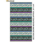 Striped horizontal fabric alternating with paisley and solid turquoise, purple, and black 