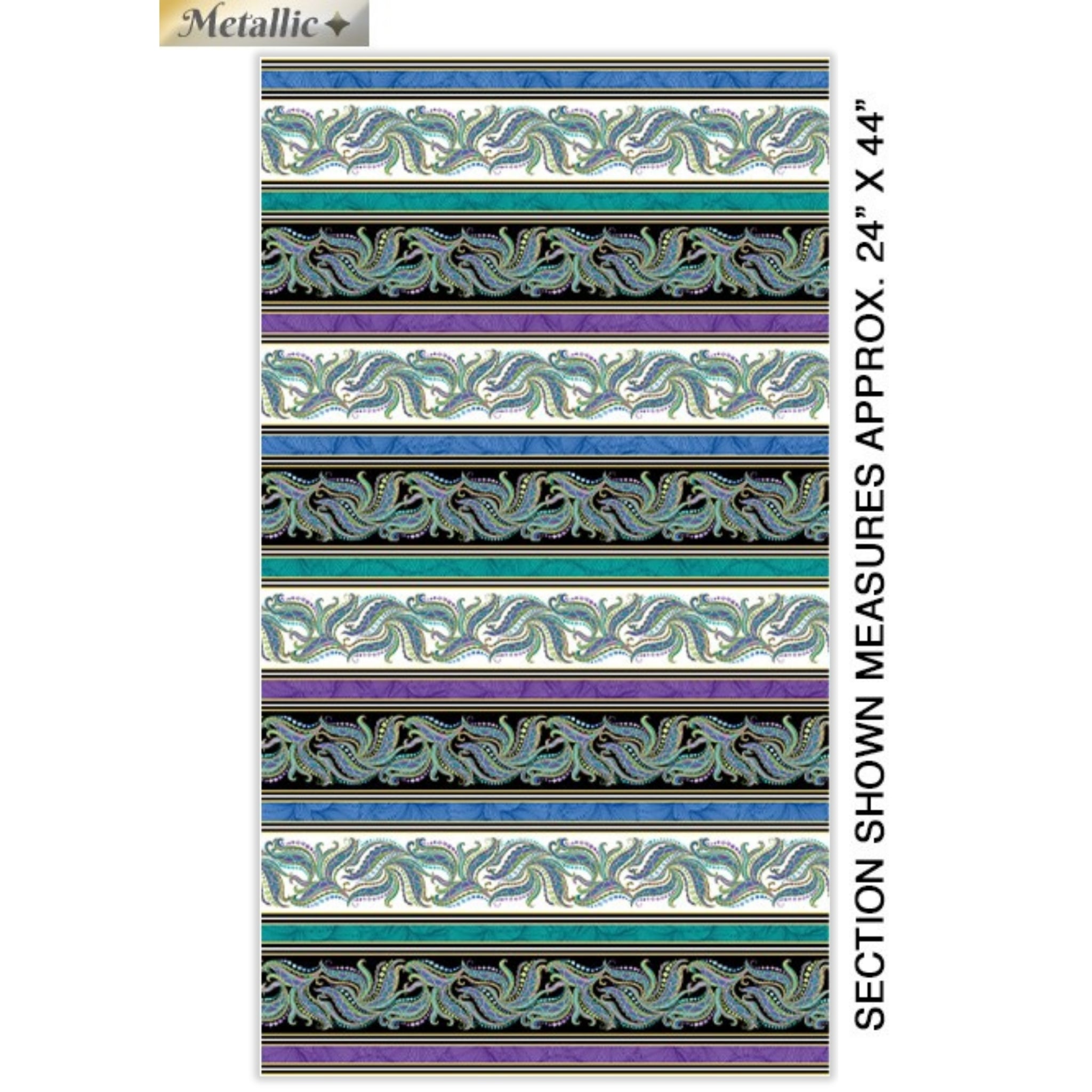 Striped horizontal fabric alternating with paisley and solid turquoise, purple, and black 