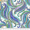 White paisley fabric with horse mane swirls in turquoise, purple and blue with gold metallic outline