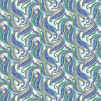 White paisley fabric with horse mane swirls in turquoise, purple and blue with gold metallic outline
