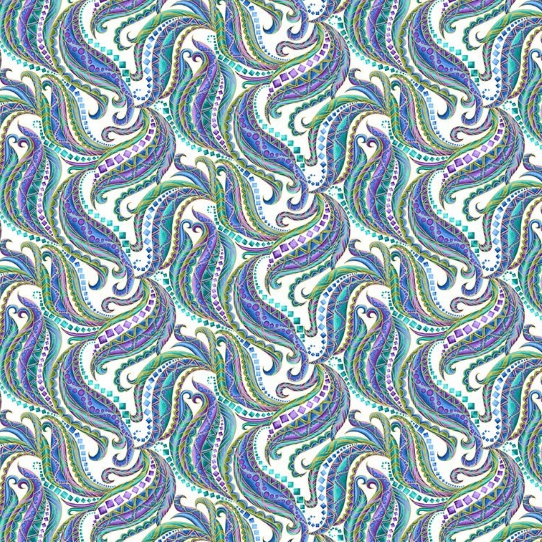 White paisley fabric with horse mane swirls in turquoise, purple and blue with gold metallic outline