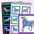 Two fabric panels, black and white. Each panel has six framed turquoise and purple horse blocks