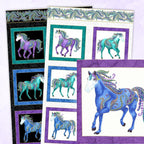 Two fabric panels, black and white. Each panel has six framed turquoise and purple horse blocks