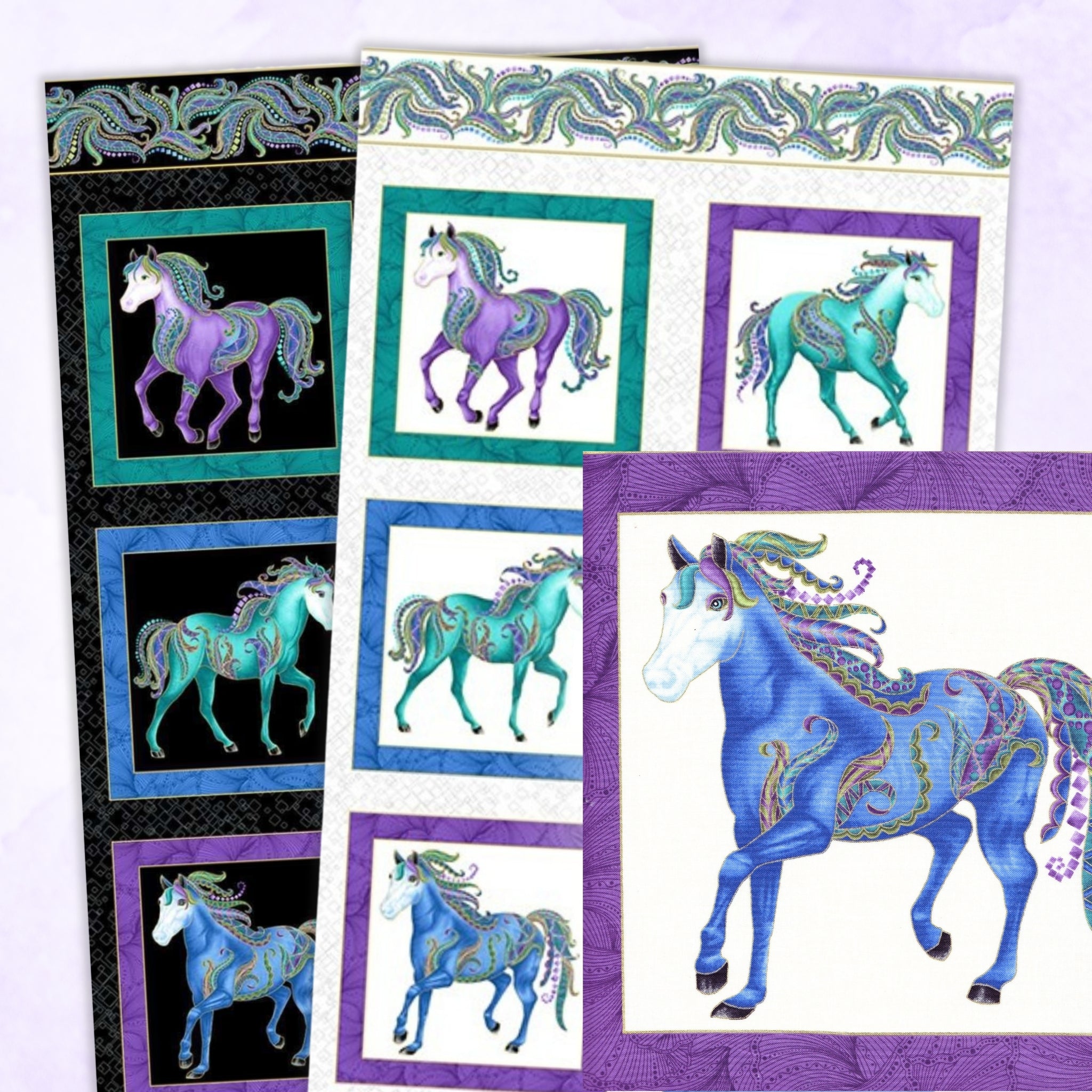 Two fabric panels, black and white. Each panel has six framed turquoise and purple horse blocks
