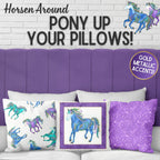 Three pillows featuring Horsen Around fabrics: turquoise and purple horses on white and purple