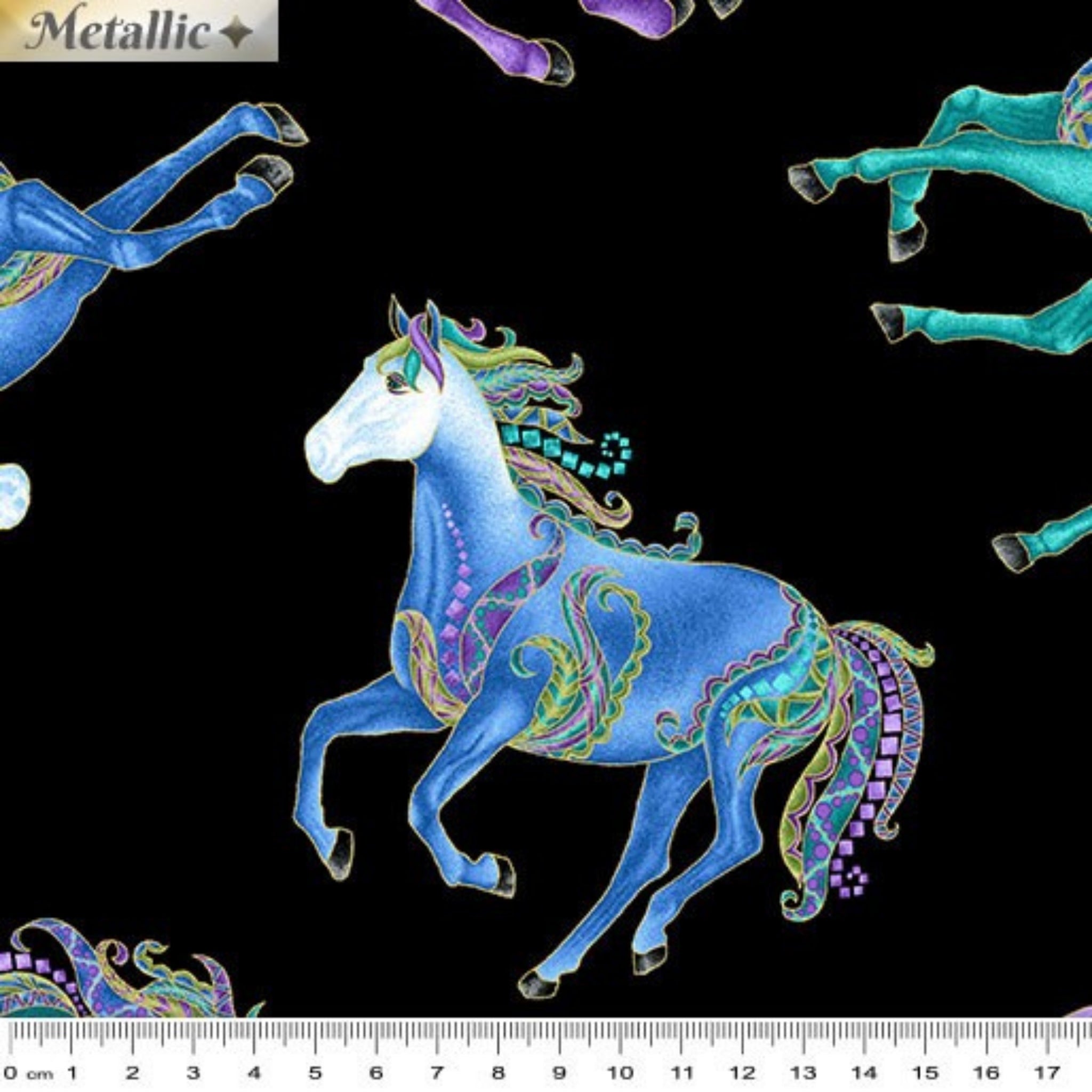 Black fabric with galloping horses in turquoise, blue, and purple with gold metallic detail