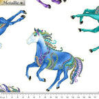 White fabric with galloping horses in turquoise, blue, and purple with gold metallic detail