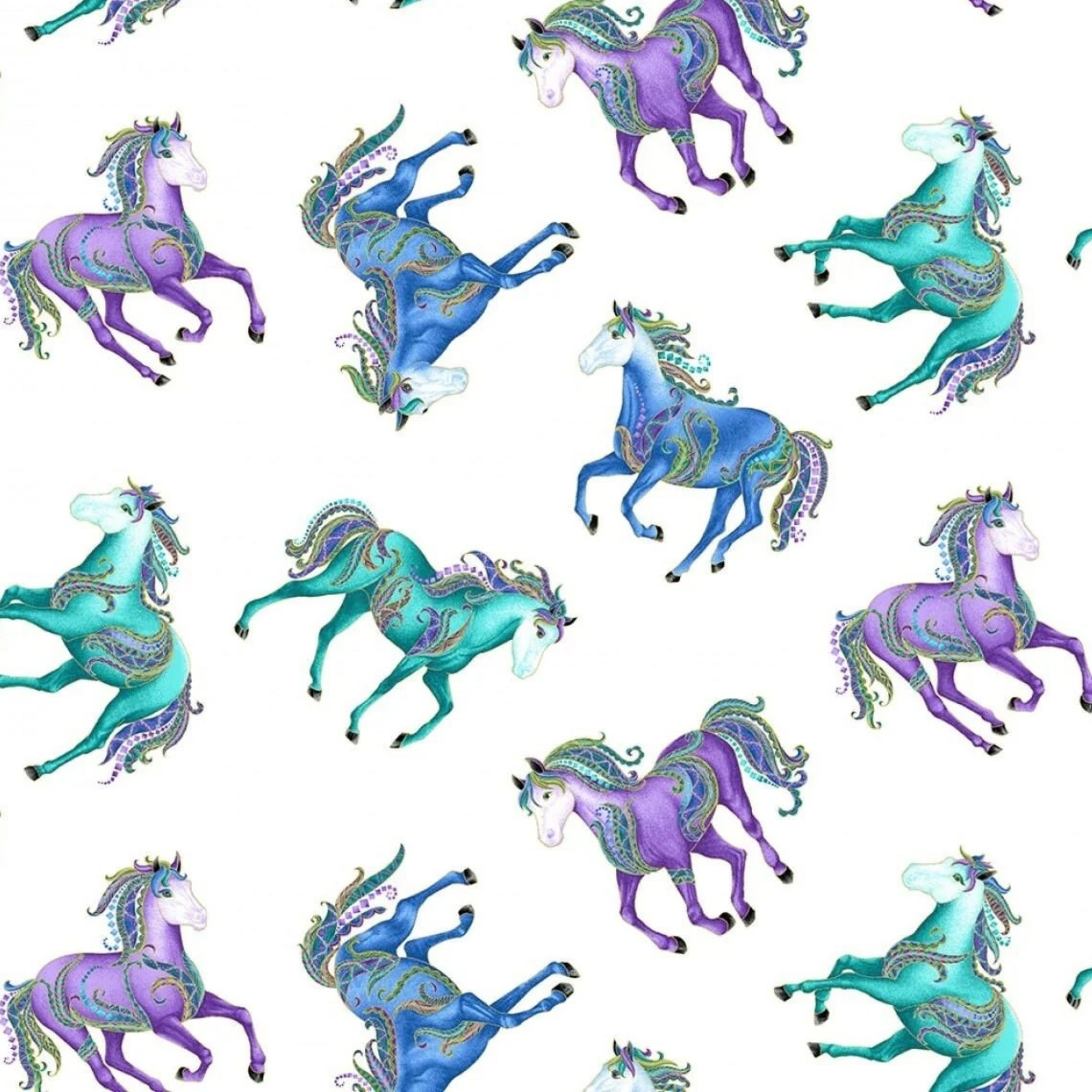 White fabric with galloping horses in turquoise, blue, and purple with gold metallic detail