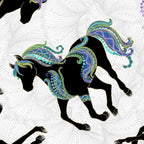 Black horse silhouettes with colourful paisley manes on a grey fabric with gold metallic accents