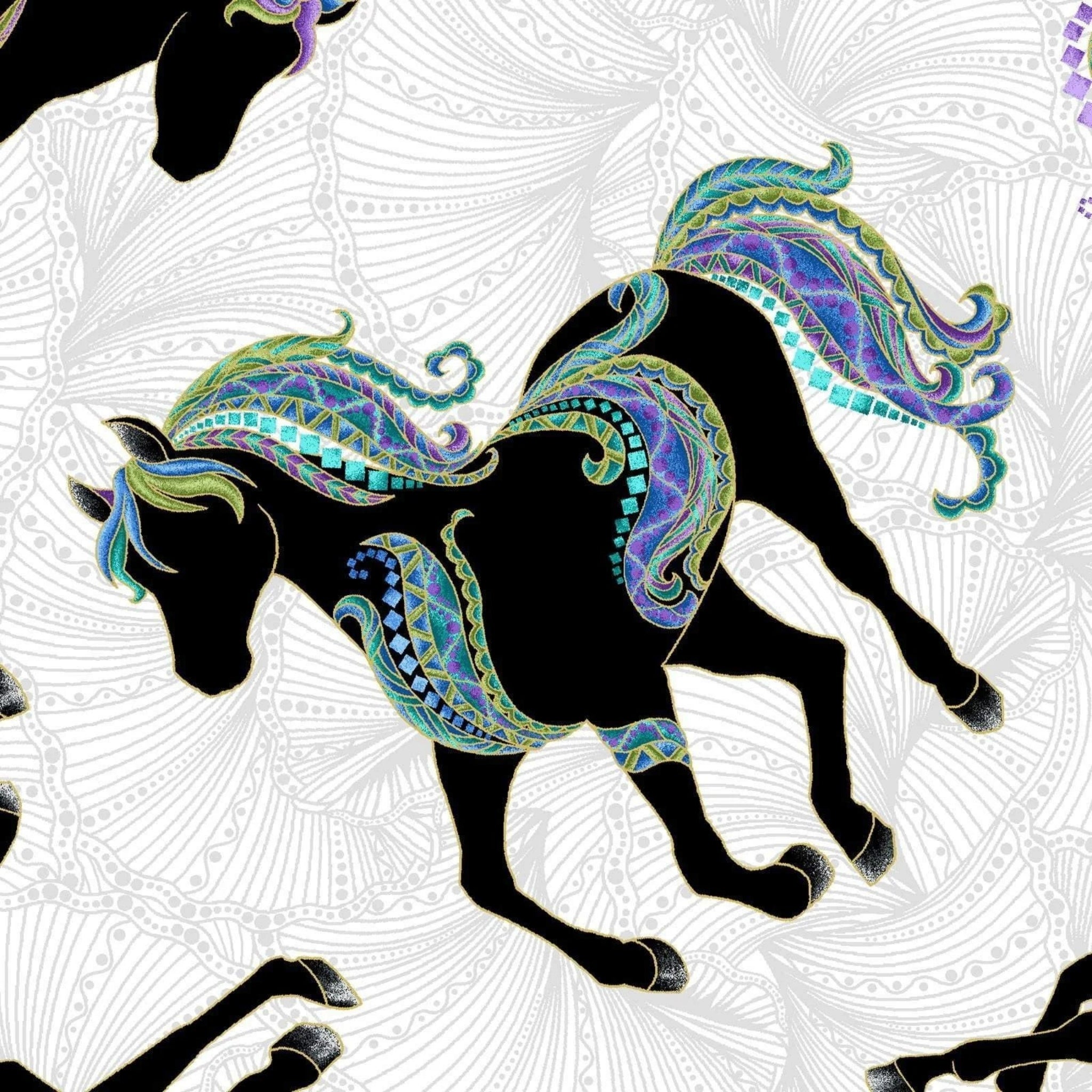 Black horse silhouettes with colourful paisley manes on a grey fabric with gold metallic accents