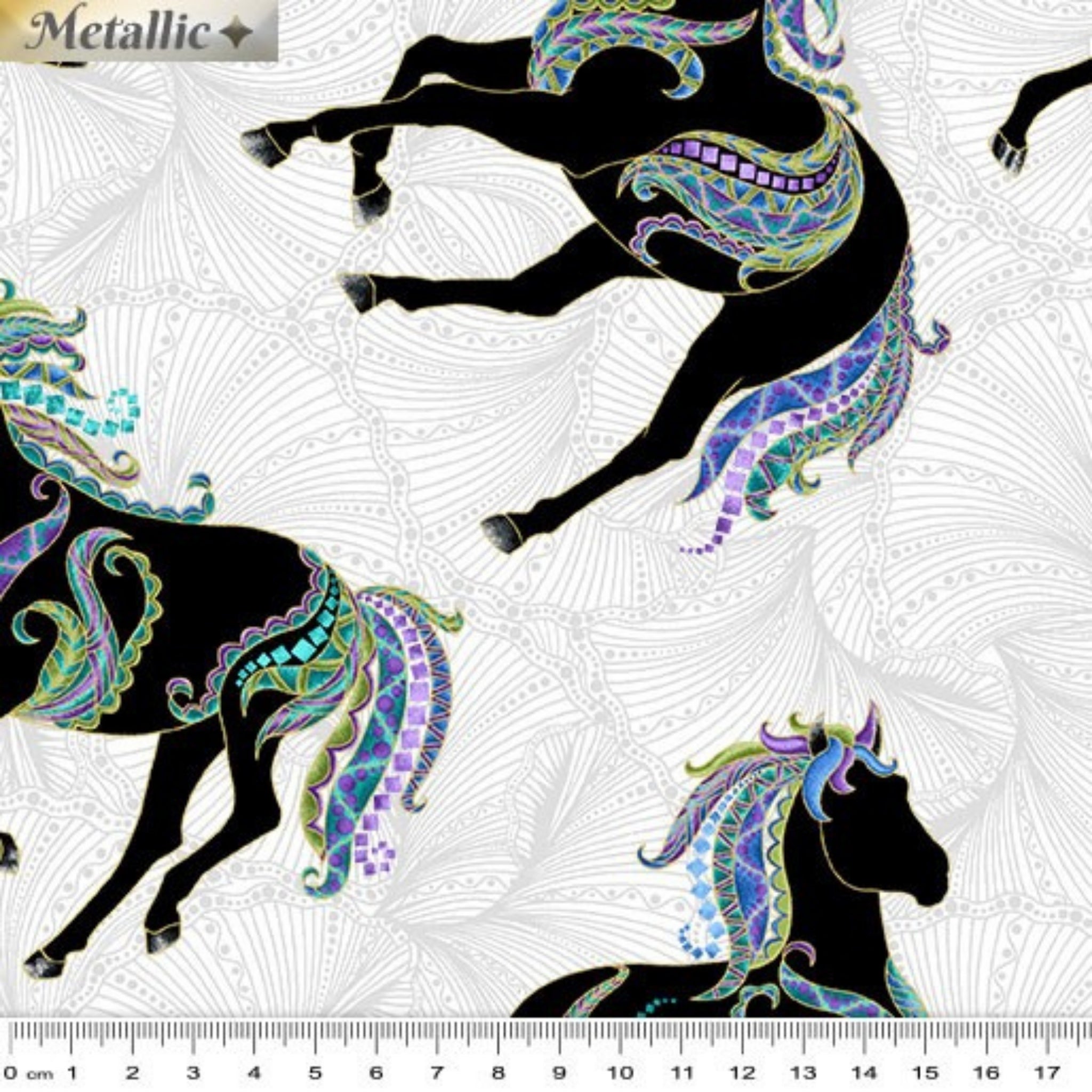 Black horse silhouettes with colourful paisley manes on a grey fabric with gold metallic accents