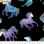 Black fabric with small galloping horses in turquoise, blue, and purple with gold metallic detail