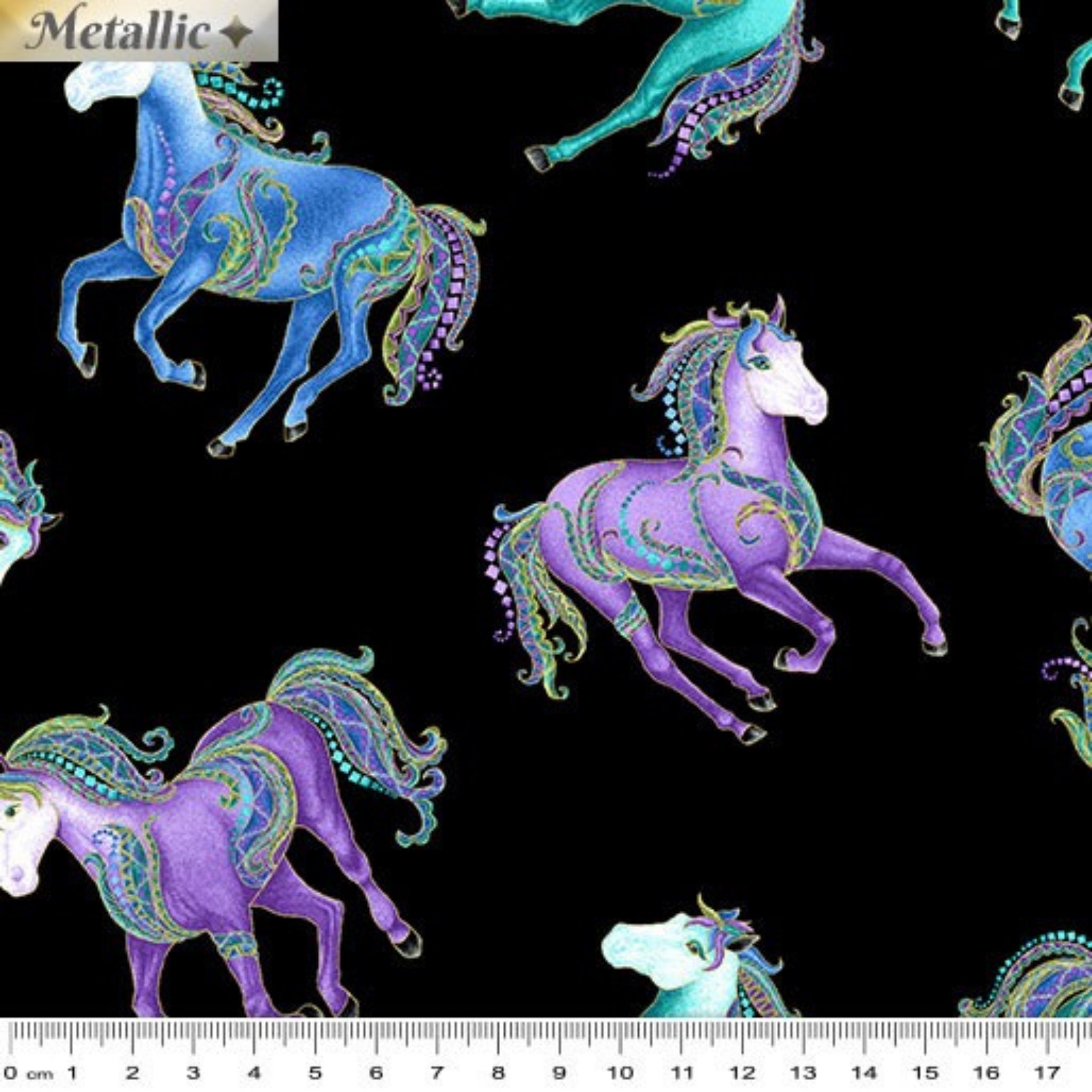Black fabric with small galloping horses in turquoise, blue, and purple with gold metallic detail