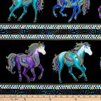 Black fabric with horizontal stripes of turquoise, purple, and blue horses and decorative borders