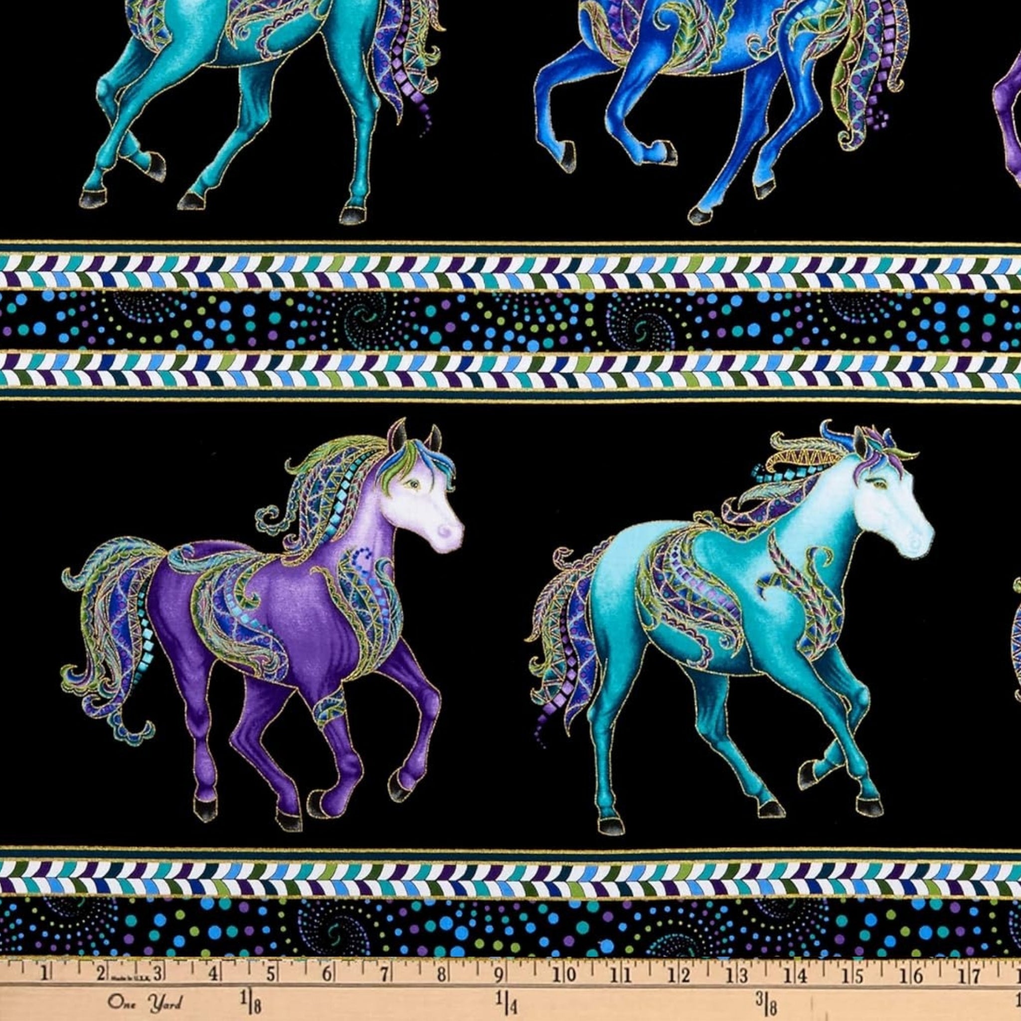Black fabric with horizontal stripes of turquoise, purple, and blue horses and decorative borders