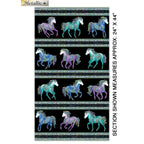 Black fabric with horizontal stripes of turquoise, purple, and blue horses and decorative borders