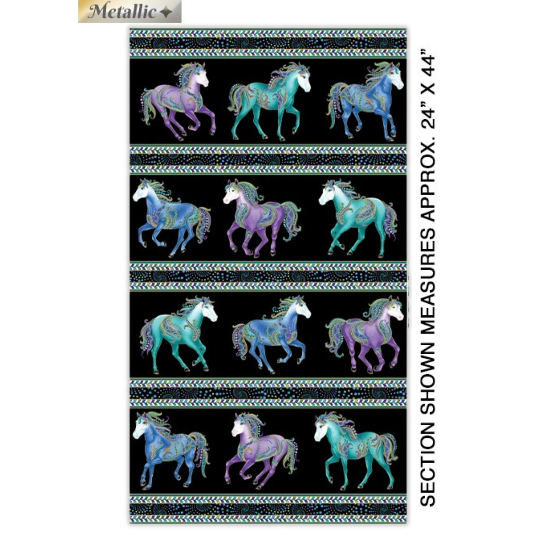 Black fabric with horizontal stripes of turquoise, purple, and blue horses and decorative borders