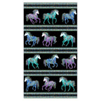 Black fabric with horizontal stripes of turquoise, purple, and blue horses and decorative borders