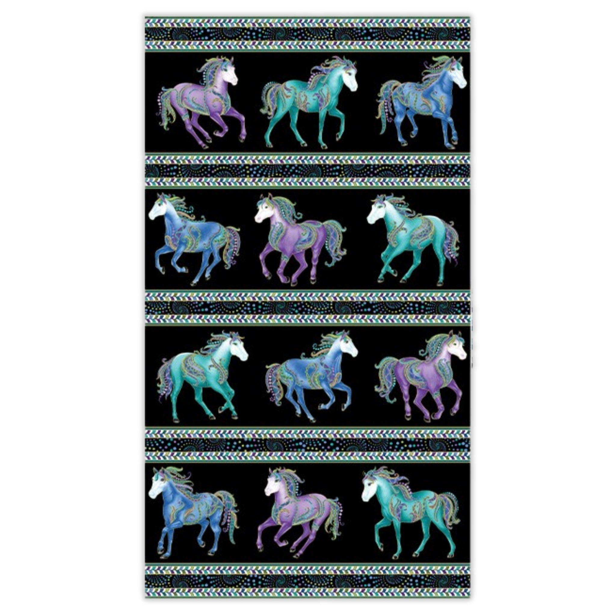 Black fabric with horizontal stripes of turquoise, purple, and blue horses and decorative borders