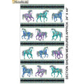 White fabric with horizontal stripes of turquoise, purple, and blue horses and decorative borders