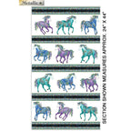 White fabric with horizontal stripes of turquoise, purple, and blue horses and decorative borders