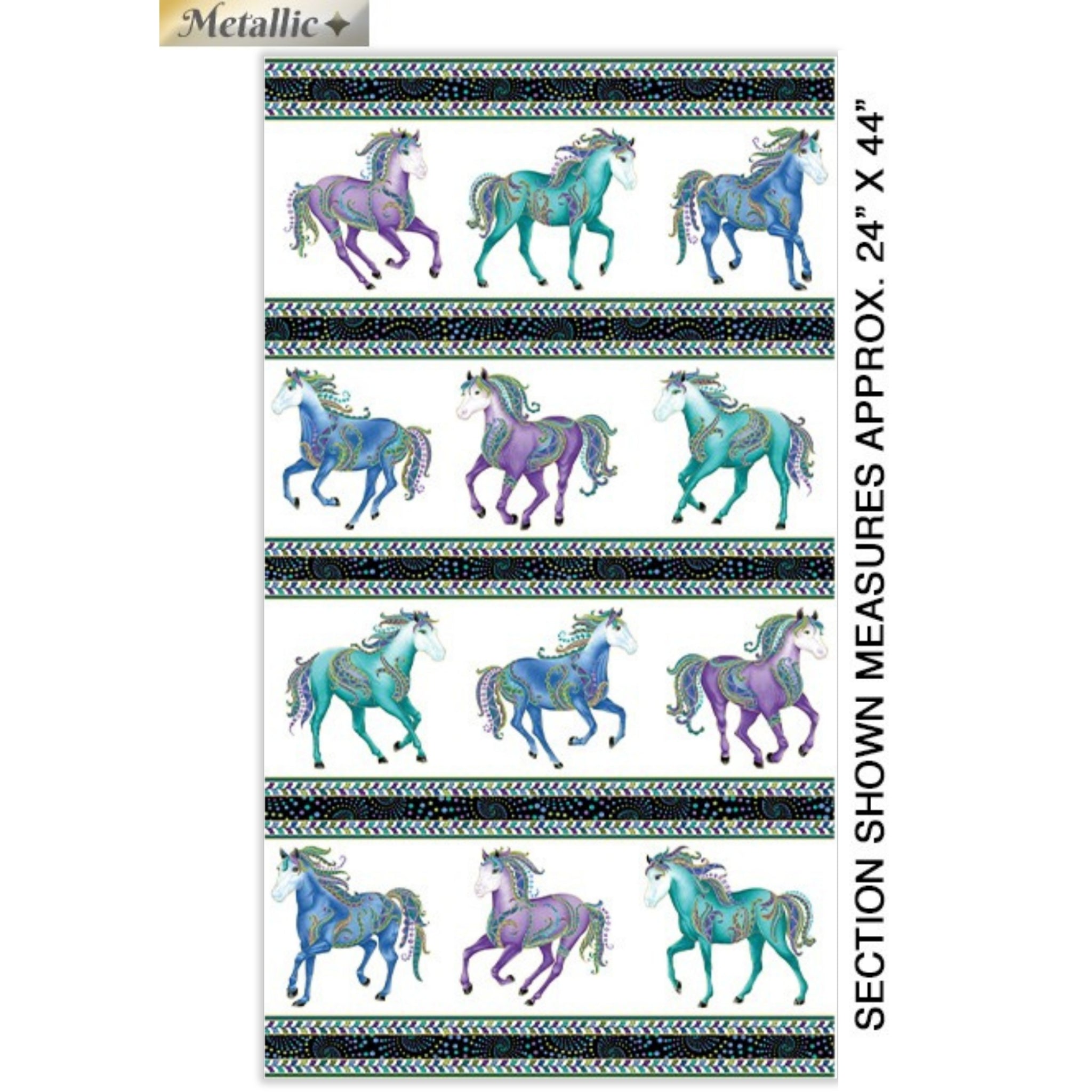 White fabric with horizontal stripes of turquoise, purple, and blue horses and decorative borders