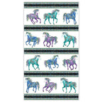 White fabric with horizontal stripes of turquoise, purple, and blue horses and decorative borders