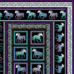 Hot to Trot quilt pattern 66" x78" showing a horse panel framed by purple and black stripe fabrics